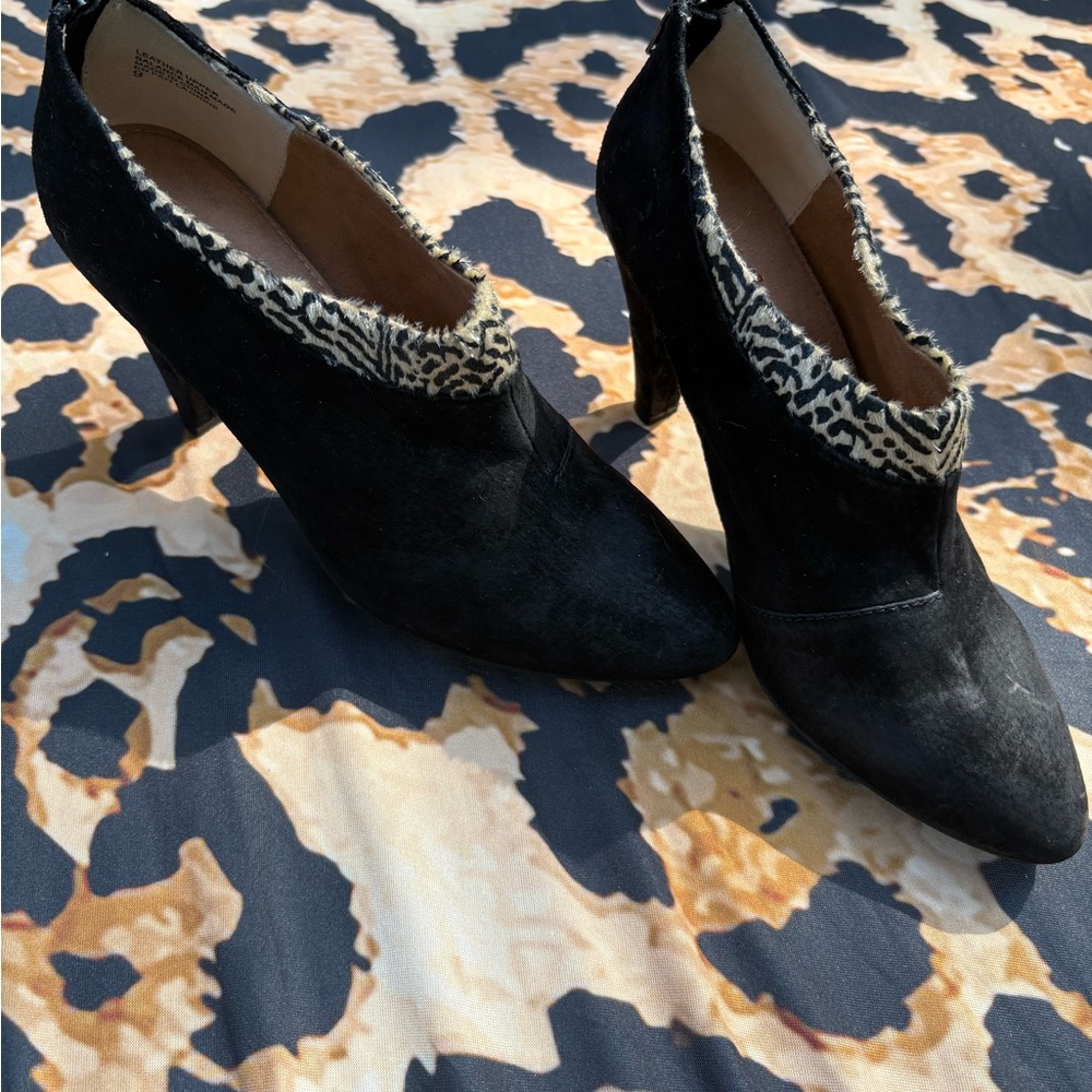 Seychelles Black Ankle Boots with Animal Print Trim